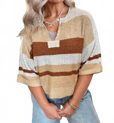 Eesome Coco Striped 3/4 Sleeve Sweater In Beige Multi