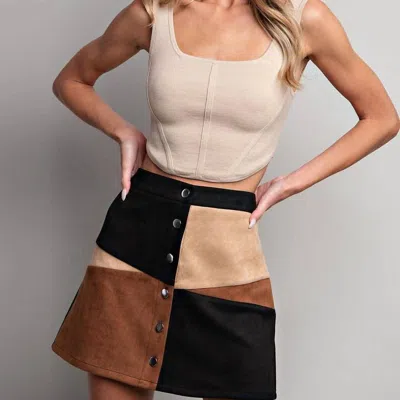 Eesome Color Block Button Down Mini Skirt In Black/brown/tan In White