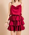 EESOME COWL NECK RUFFLED BOTTOM MINI DRESS IN WINE