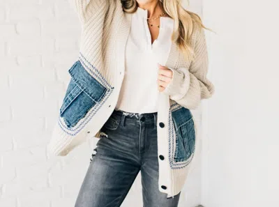Eesome Denim Pocket Cardigan In Oatmeal In White