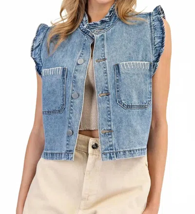Eesome Denim Ruffle Stitch Vest In Blue