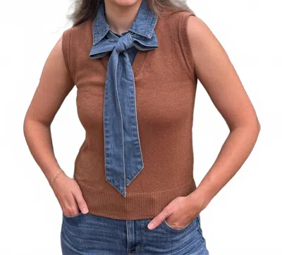 Eesome Denim Tie Neck Sleeveless Knit Top In Coco In Brown