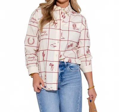 Eesome Embroidered Western Grid Button Up Top In Cream In Multi