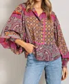 Eesome Women's Boho Puff Sleeve Top In Hot Pink & Red In Multi
