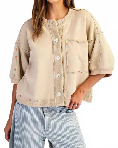 Eesome Enzyme Washed Contrast Stitch Button Top In French Vanilla In Multi
