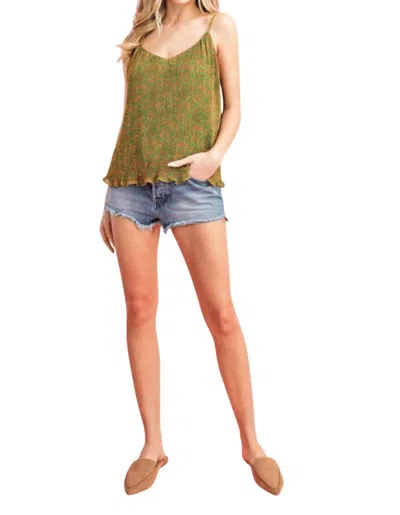 Eesome Esmeralda Pleated Cami Top With Lettuce Hemline In Green/orange Multi