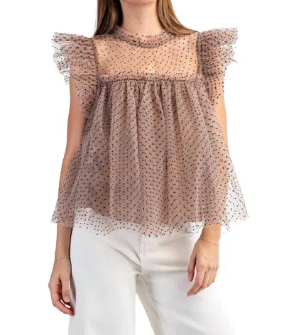 Eesome Faye Polka Dot Tulle Short Sleeve Top In Coco In Brown