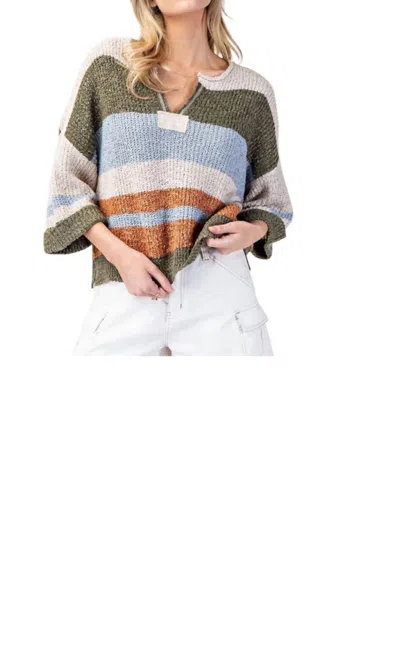 Eesome Fern Striped Notched Collar Sweater In Green