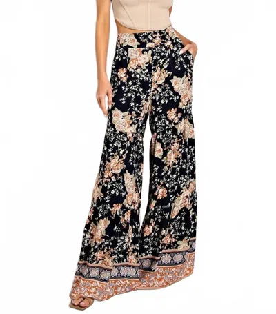 Eesome Flora Floral Printed Wide Leg Pants In Navy Floral In Black