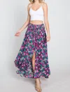 Eesome Floral Maxi Skirt With Smocked Waist & Button Front In Fuchsia In Multi