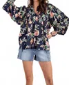Eesome Floral Printed Pleated Long Sleeve Top In Navy Multi In Blue