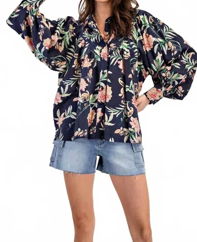 Eesome Floral Printed Pleated Long Sleeve Top In Navy Multi In Blue
