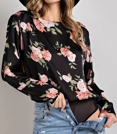 Eesome Floral Round Neck Printed Bodysuit In Black