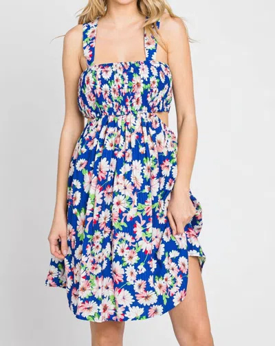 Eesome Floral Smocked Back Cutout Mini Dress In Royal Blue