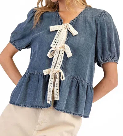 Eesome Front Ribbon Tie Denim Top In Blue