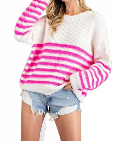Eesome Fuzzy Striped Sweater In White And Pink