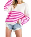 Eesome Fuzzy Striped Sweater In White And Pink In Pink