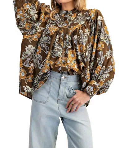 Eesome Hollis Floral Printed Button Down Top In Brown