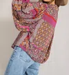 Eesome Women's Boho Puff Sleeve Top In Hot Pink & Red In Multi