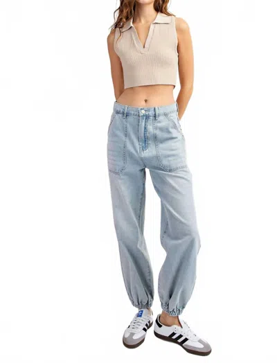 Eesome Keep It Cool High Waisted Denim Joggers In Blue In Animal Print
