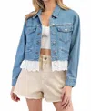 Eesome Lace Trim Denim Jacket In Stone Washed