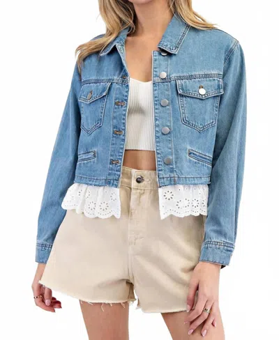 Eesome Lace Trim Denim Jacket In Stone Washed