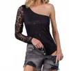 Eesome Lacey One Shoulder Lace Sleeve Bodysuit In Black In Multi