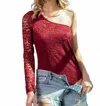 Eesome Lacey One Shoulder Lace Sleeve Bodysuit In Wine In Red