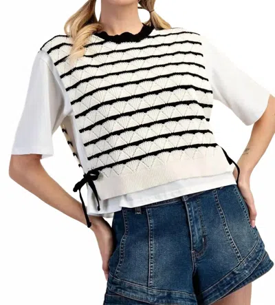 Eesome Layered Striped Sweater Top In Black And White Scallop Stripe Pattern In Multi