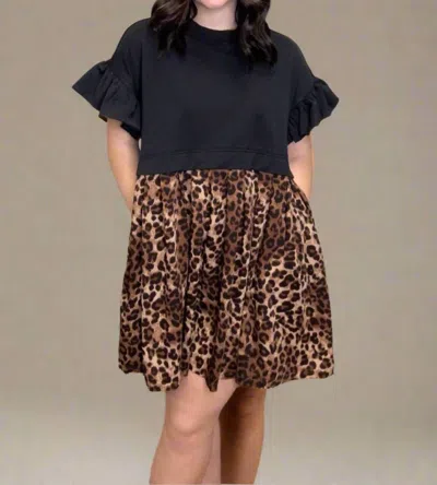 Eesome Leopard Colorblock Mini Dress In Black In Multi