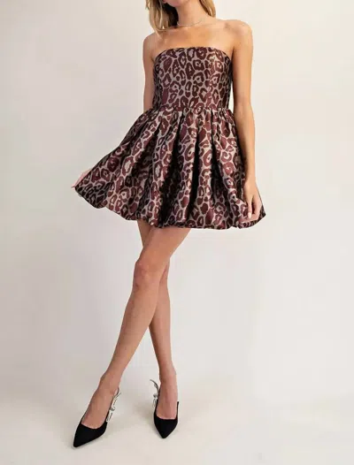 Eesome Leopard Strapless Bubble Hem Dress In Brown
