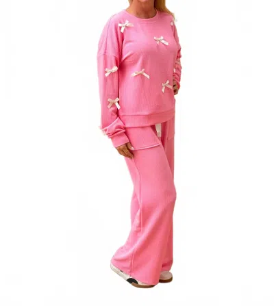 Eesome Long Sleeve Bow Set Top In Pink