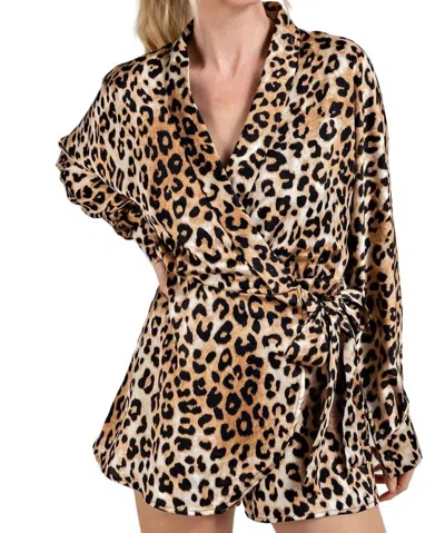 Eesome Long Sleeve Wrap Romper In Leopard Print Satin In Brown