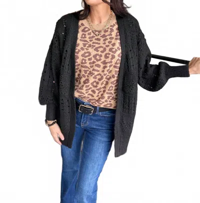 Eesome Long Waist Crochet Cardigan In Black