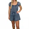 Eesome Mineral Washed Ruffle Denim Romper In Blue In Blue