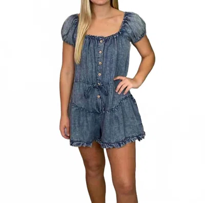 Eesome Mineral Washed Ruffle Denim Romper In Blue