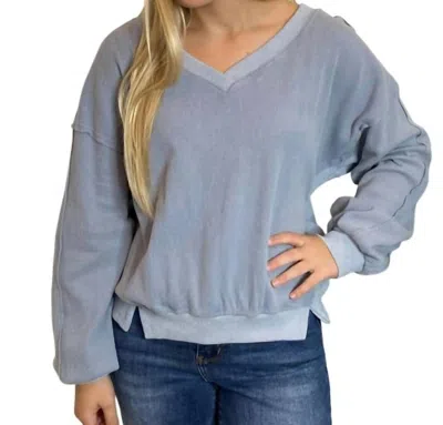 Eesome Oversized Off Shoulder V-neck Long Sleeve Top In Dusty Blue In Multi