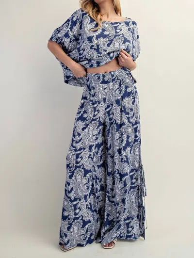 Eesome Paisley Printed Side Tie Wide Leg Pants In Indigo In Blue