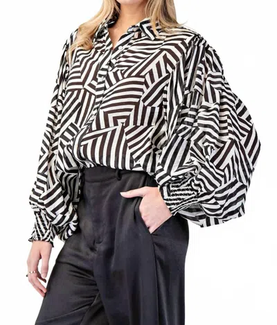 Eesome Printed Bubble Sleeve Button Down Top In Black/ White In Multi