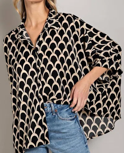 Eesome Printed Button Down Blouse In Black In Brown