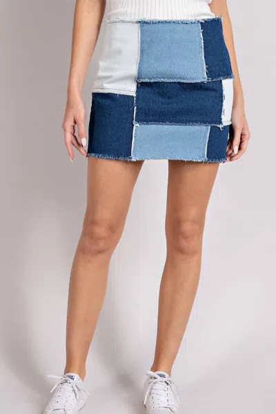 EESOME RETRO PATCHWORK COLOR BLOCK MINI SKIRT IN MINERAL WASHED DENIM