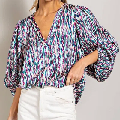 Eesome Retro Print V Neck Bubble Sleeve Blouse In Blue