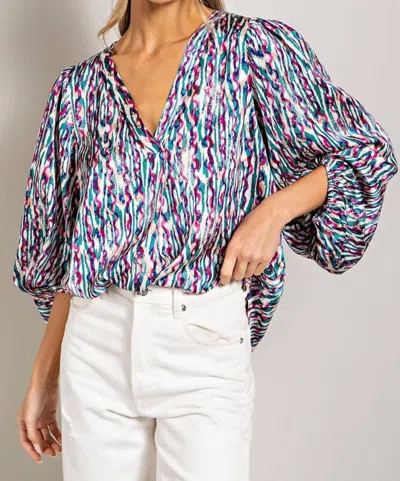 Eesome Retro Print V Neck Bubble Sleeve Blouse In Blue