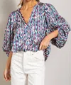 Eesome Retro Print V Neck Bubble Sleeve Blouse In Multi