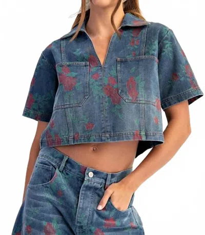 Eesome Rose Print Denim Top In Blue
