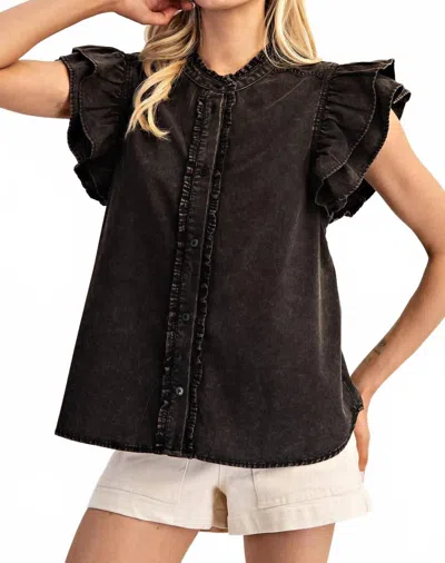 Eesome Ruffle Flutter Top In Black In Gray