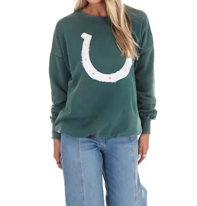 Eesome Saddle Up Horseshoe Pullover Sweater In Rain Forest In Green