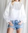 Eesome Satin Feather Trim Top In White In White