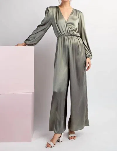 Eesome Satin V-neck Long Sleeve Jumpsuit In Sage