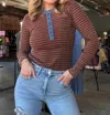 Eesome Snow Wash Two Tone Button Down Top In Cinnamon Blue Stripe In Brown